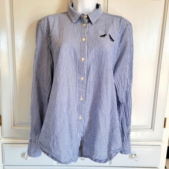 LOFT Blue White Striped 100% Cotton Button Down Shirt Embroidered Birds Size M - Picture 1 of 10